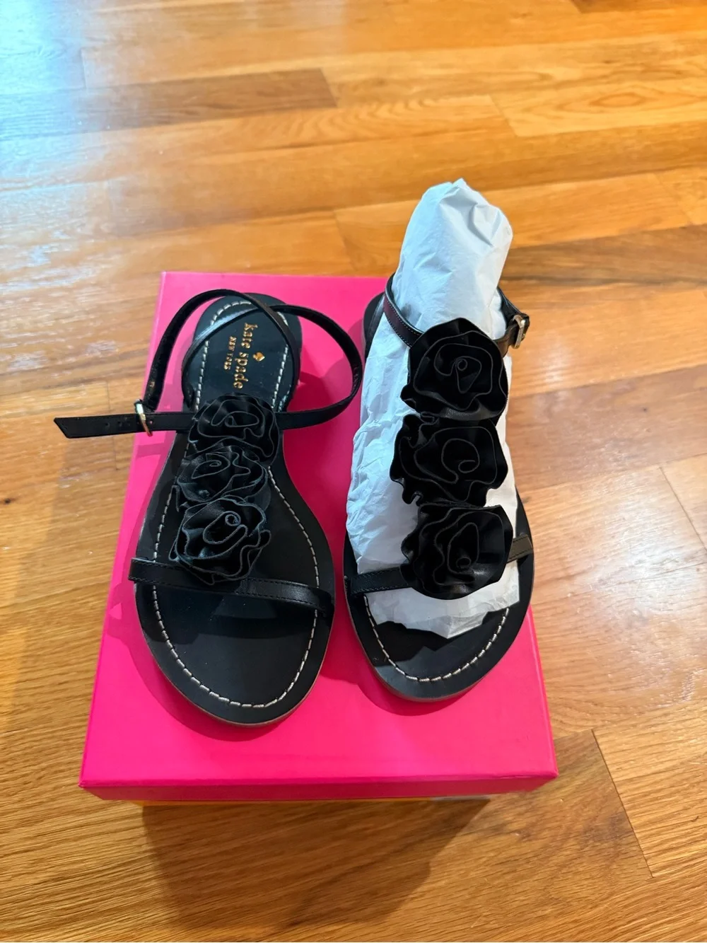 kate spade Black Floral Appliqué Leather Slingback Sandals